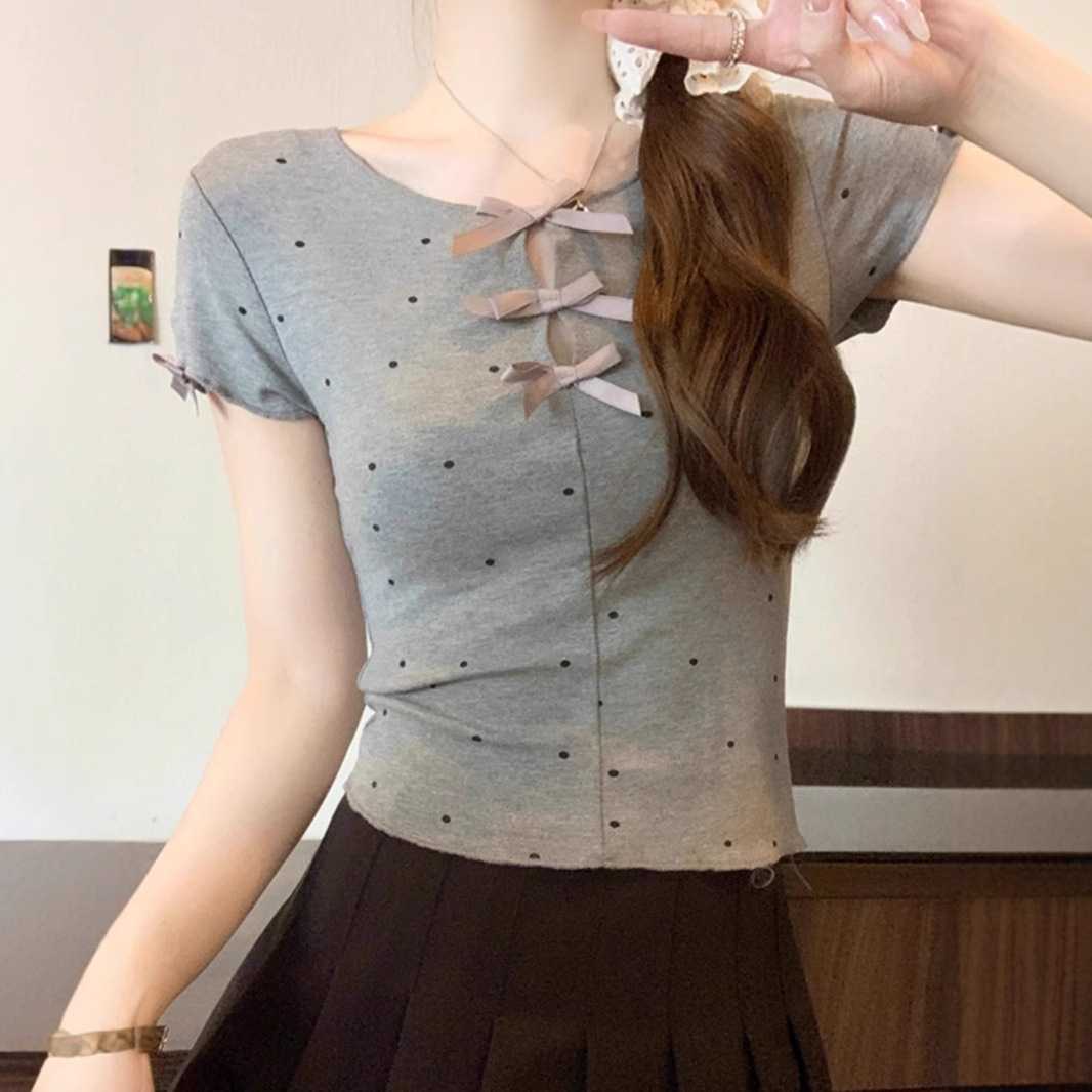 シャツドットコーデ リボン飾り水玉模様半袖シャツ