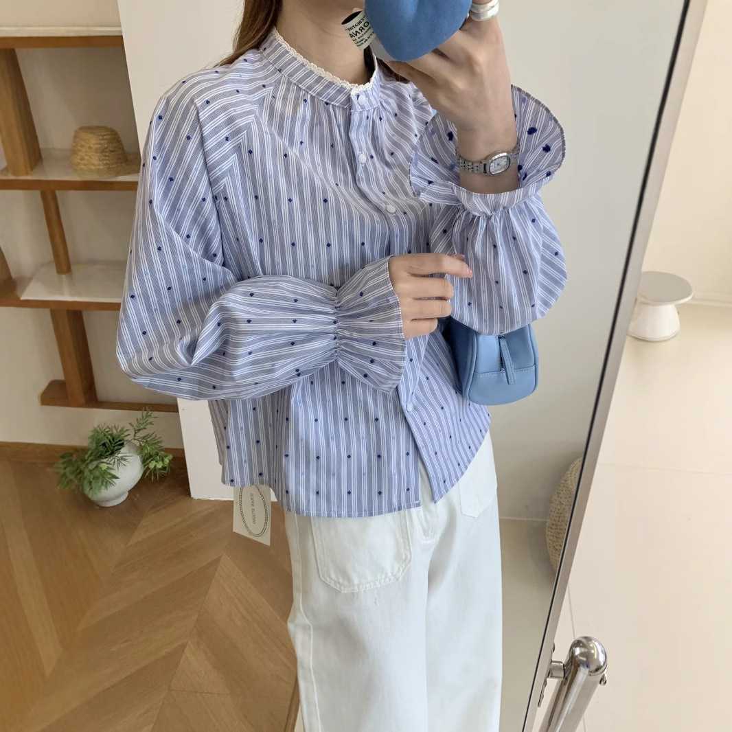ドットコーデ 水玉ストライプ立ち襟ブラウス