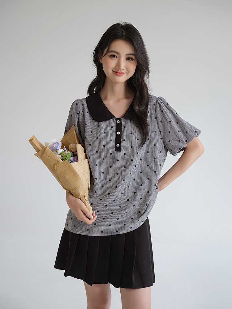 ブラウス ドットコーデ 水玉模様の襟付き半袖ブラウス