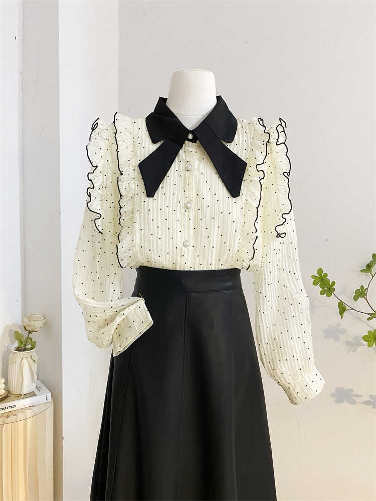 ドットコーデ 水玉模様フリルブラウス リボン襟付き