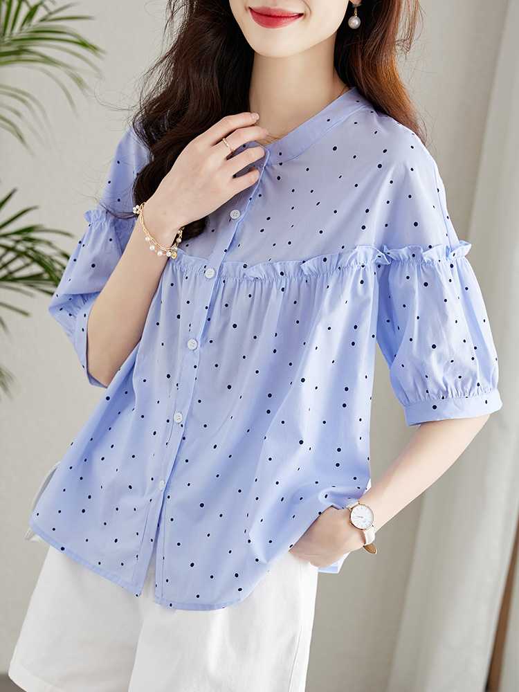 ブラウス ドットコーデ 水玉模様フリルギャザーブラウス