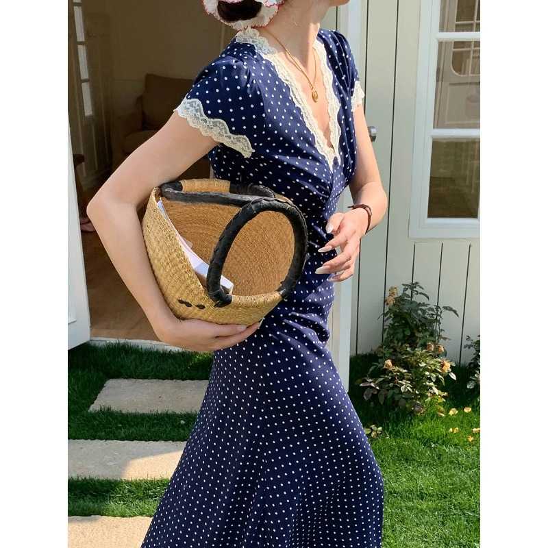 ワンピース ドットコーデ 水玉レース襟フレアワンピース