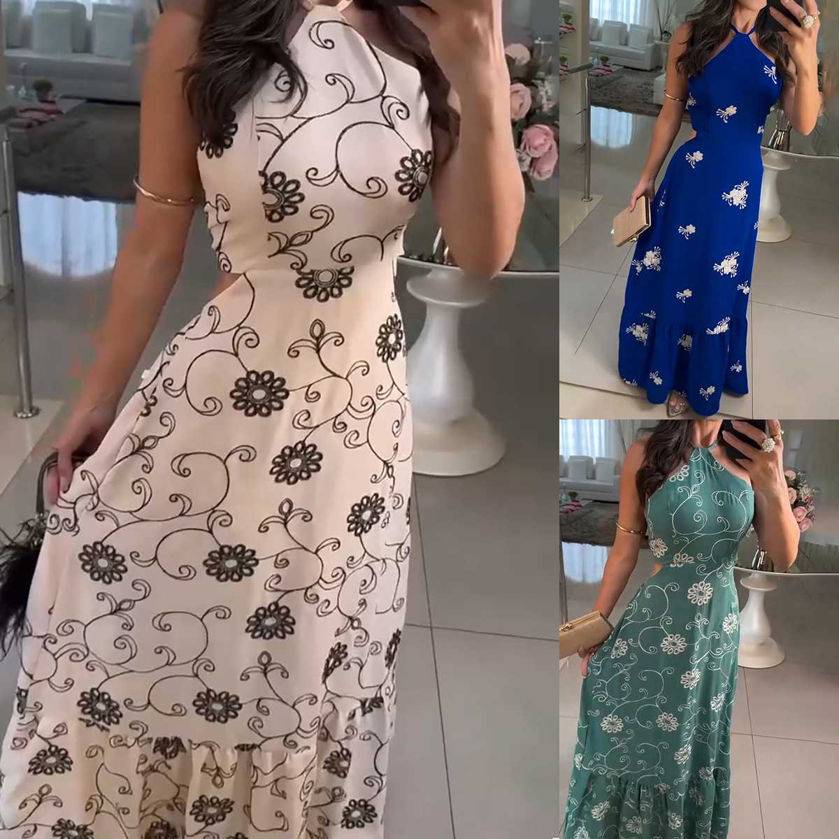 ワンピース ドットコーデ 花模様のホルターネックマキシワンピース