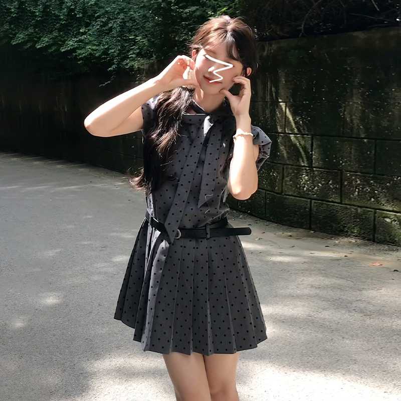 ワンピース ドットコーデ フリル襟 水玉模様 ベルト付きワンピース