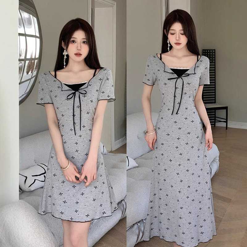 ワンピース ドットコーデ 花柄リボン付き胸元切り替えワンピース