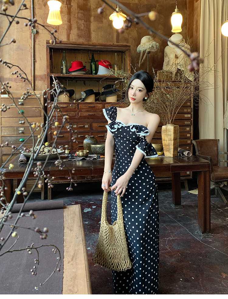 ワンピース ドットコーデ 水玉フリルアシンメトリーワンピース