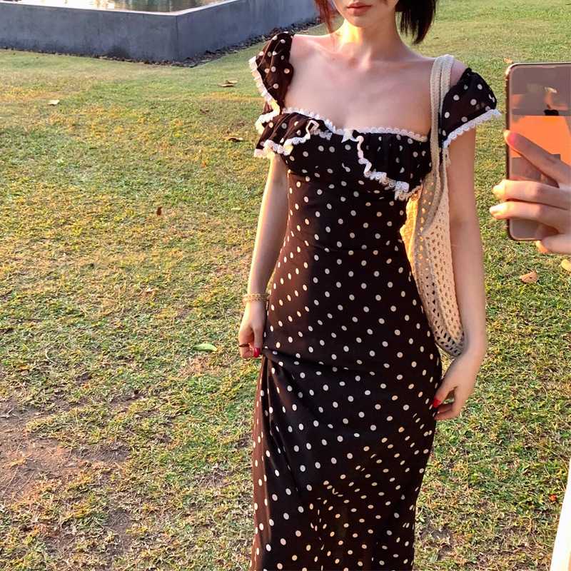 ドットコーデ ドットコーデ レース縁取り水玉フリルワンピース