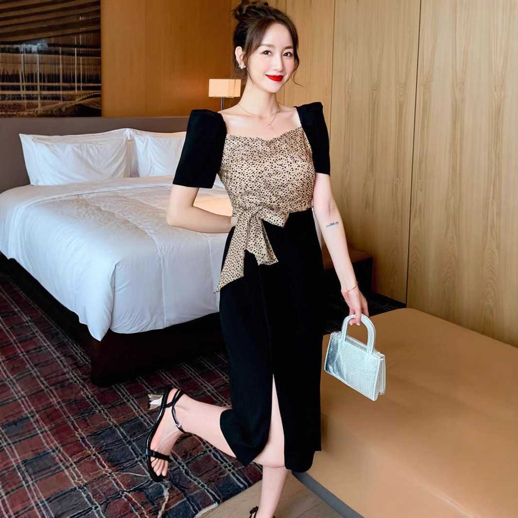 ドットコーデ ドットコーデ 優雅リボン付き水玉切替ワンピース