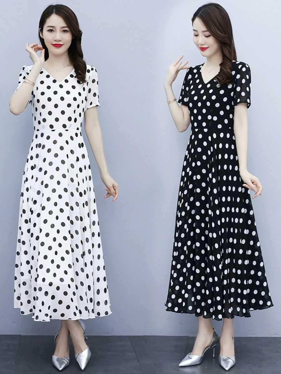 ワンピース ドットコーデ 水玉模様の優雅フレアロングワンピース