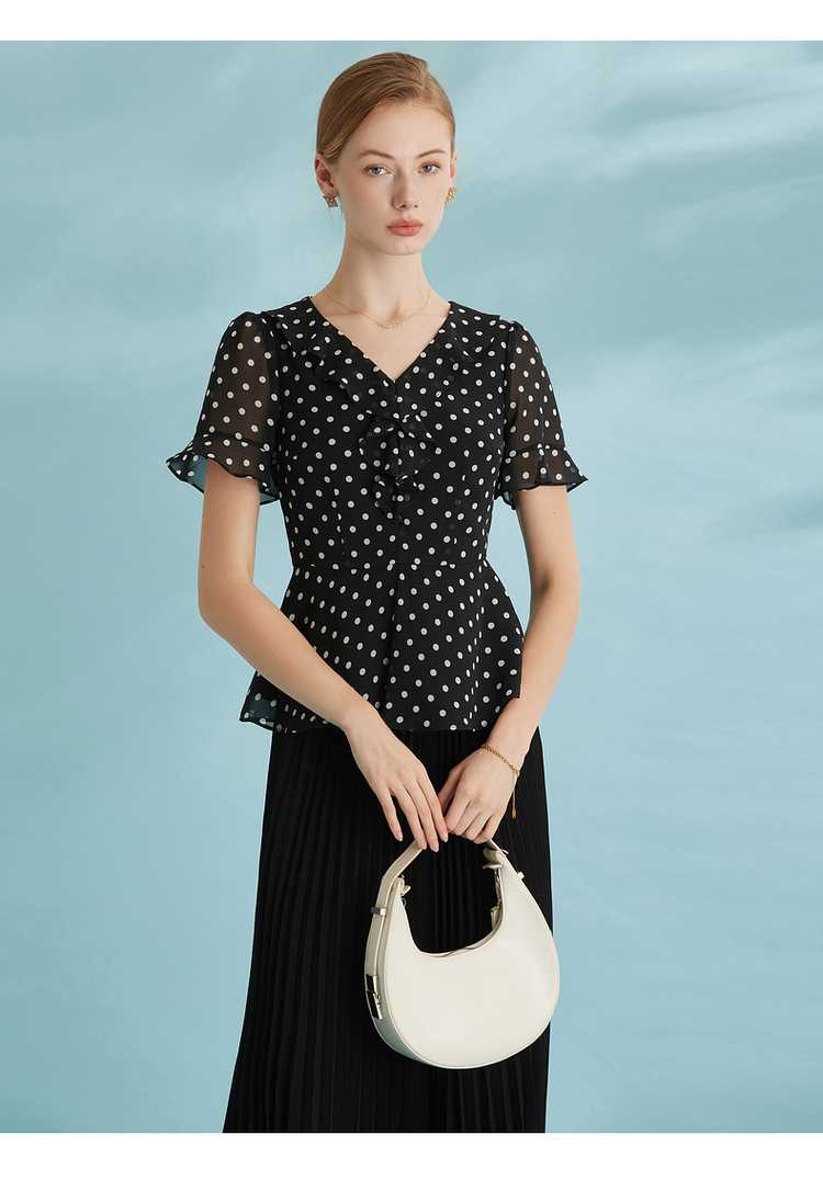ドットコーデ 優美フリルドット柄ペプラムブラウス