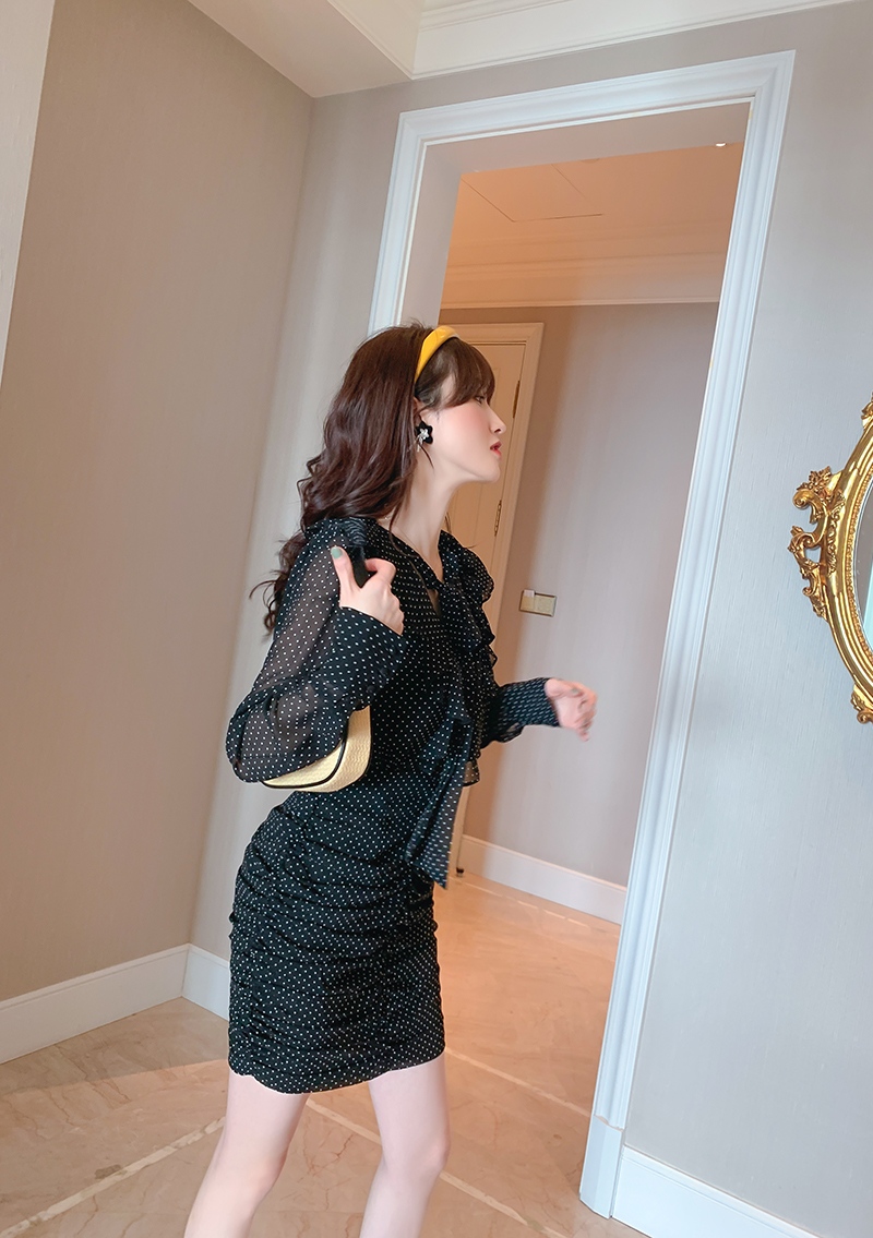 ドットコーデ 優美シルエット水玉柄長袖ミニワンピース