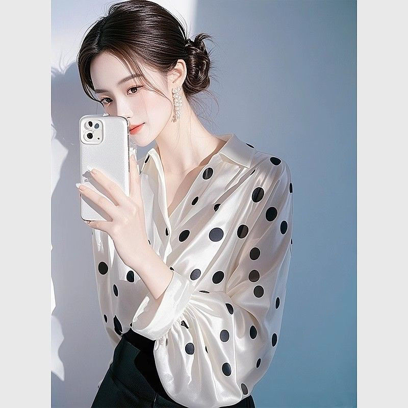ドットコーデ 上品水玉柄シルク風ブラウス