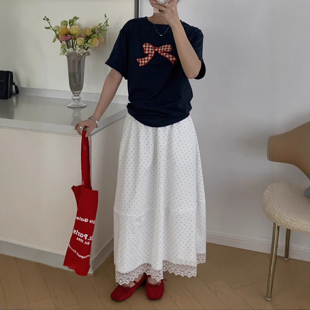 ドットコーデ レース縁取り水玉ロングスカート