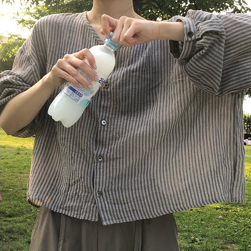 ドットコーデ 涼やか縦縞リネン風シャツ