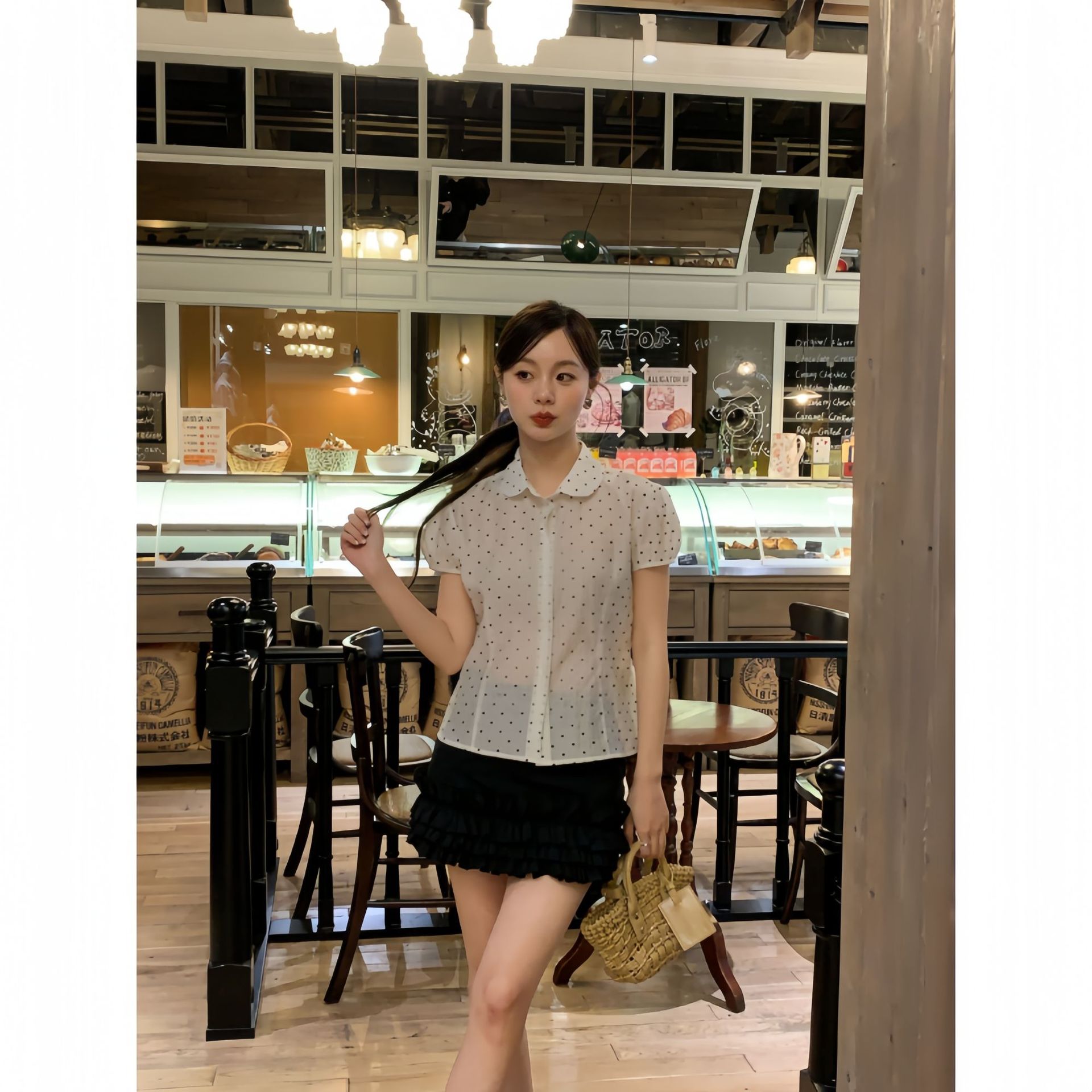 ドットコーデ ドット柄パフスリーブペプラムシャツ