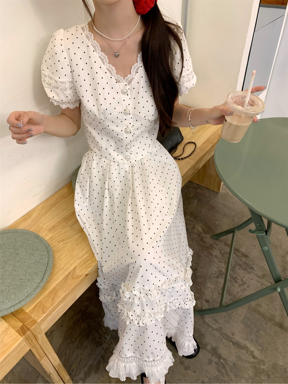 セットアップ ドットコーデ レース飾り水玉ロングセットアップ
