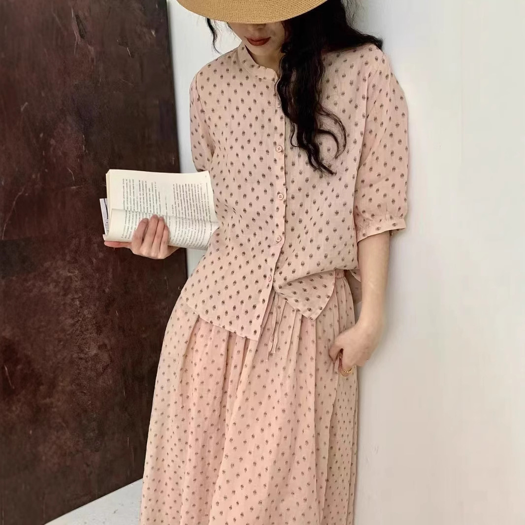 セットアップ ドットコーデ 小粒水玉スタンドカラーセットアップ