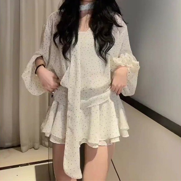 ドットコーデ 水玉柄シフォンリボンワンピース