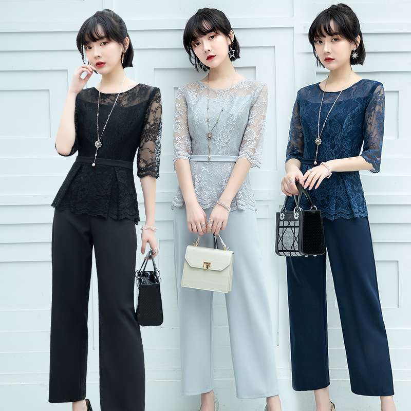 レース袖付きパンツドレス上下セット