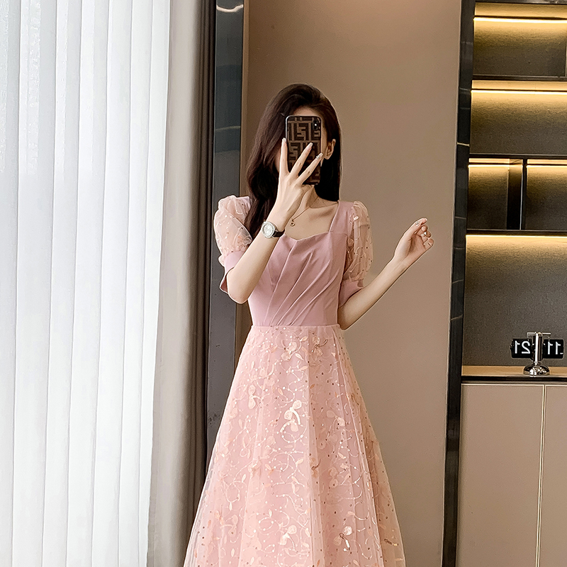 オケージョン ドレス パフスリーブ花柄刺繍チュール切替ワンピース