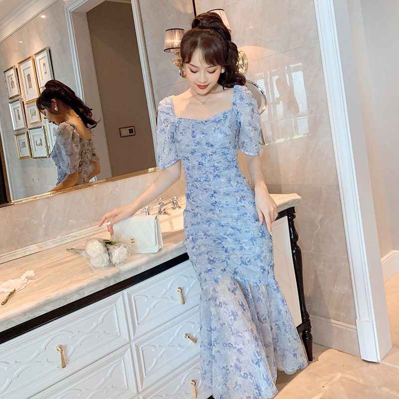 オケージョン ドレス 花柄刺繍シアーチュールパフスリーブマーメイドドレス