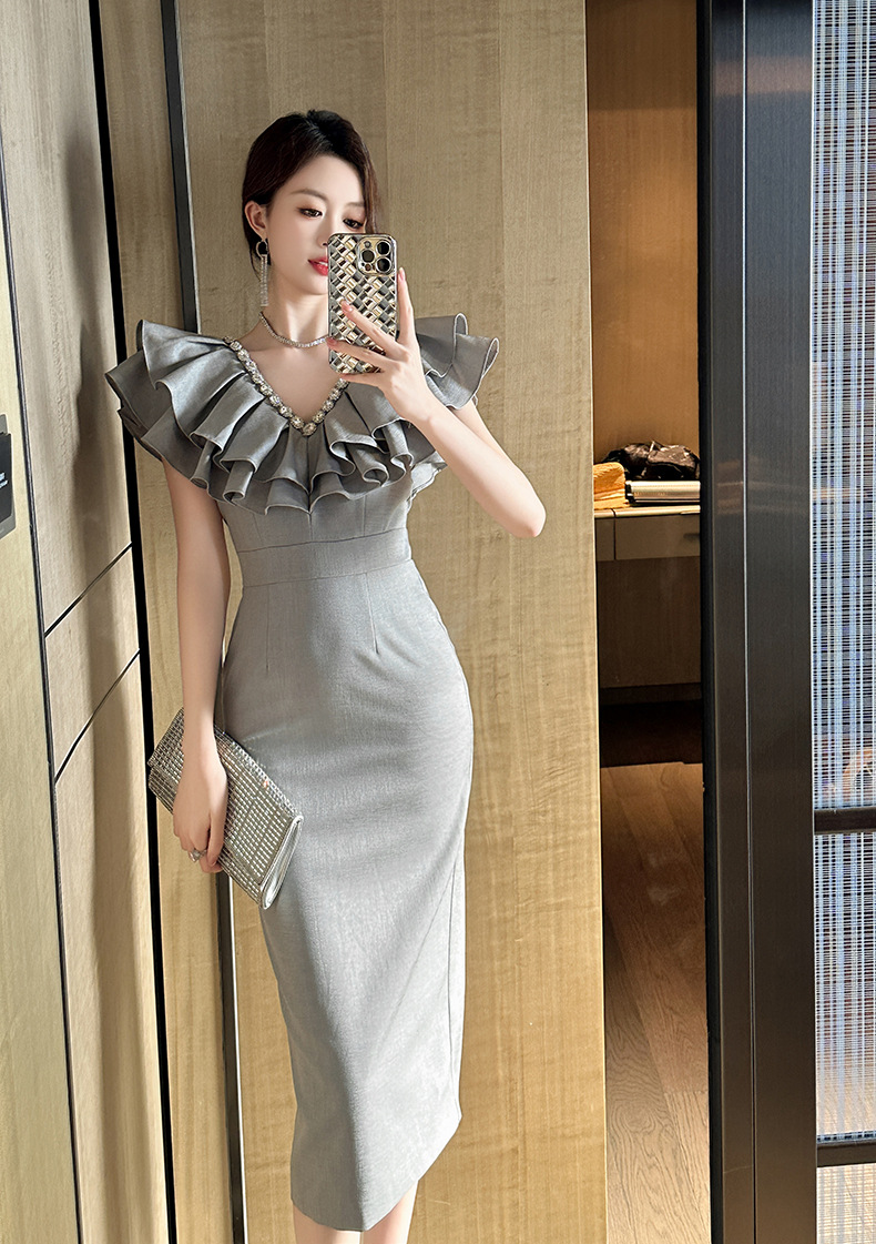 オケージョン ドレス フリルデコレーション 優美ミディドレス