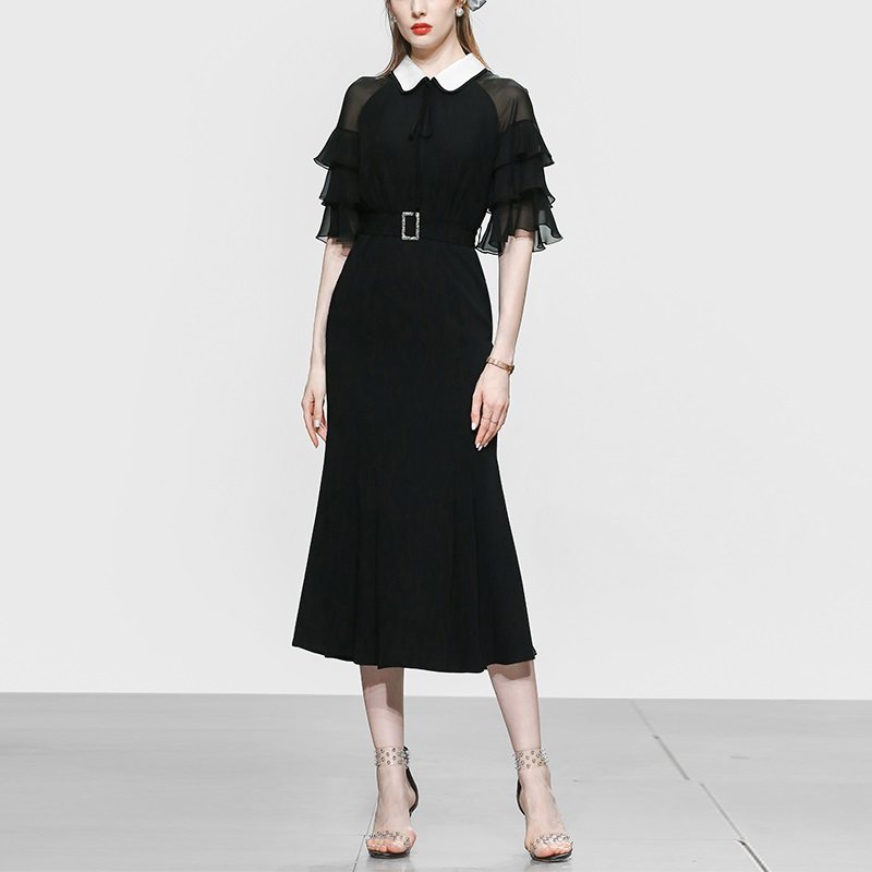 オケージョン ドレス 白襟ティアードスリーブベルト付きミモレ丈ワンピース