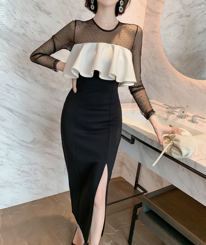 オケージョン ドレス ドット柄シアー袖フリル切替タイトワンピース