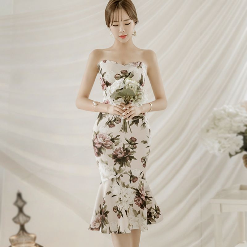 オケージョン ドレス 花柄ベアトップマーメイドラインタイトドレス