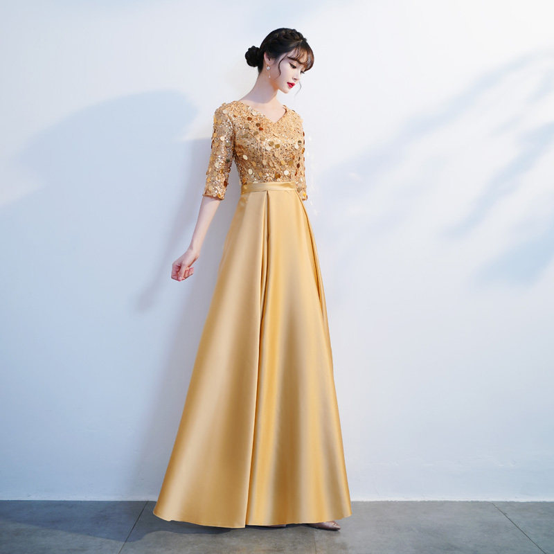 オケージョン ドレス スパンコール刺繍五分袖フレアロング丈ワンピース