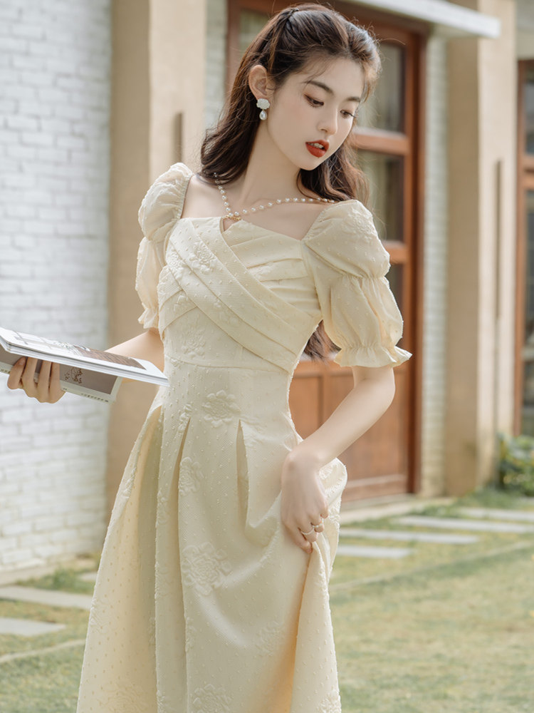 オケージョン ドレス オフショルダーパフスリーブ刺繍ジャガードワンピース