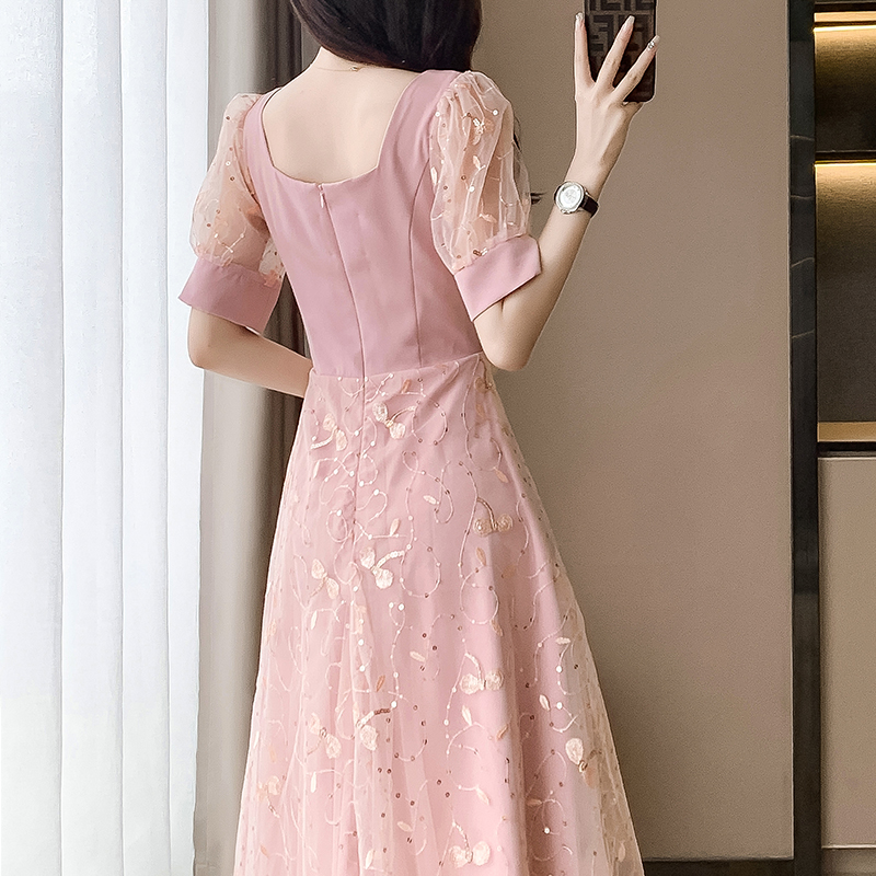 オケージョン ドレス パフスリーブ花柄刺繍チュール切替ワンピース