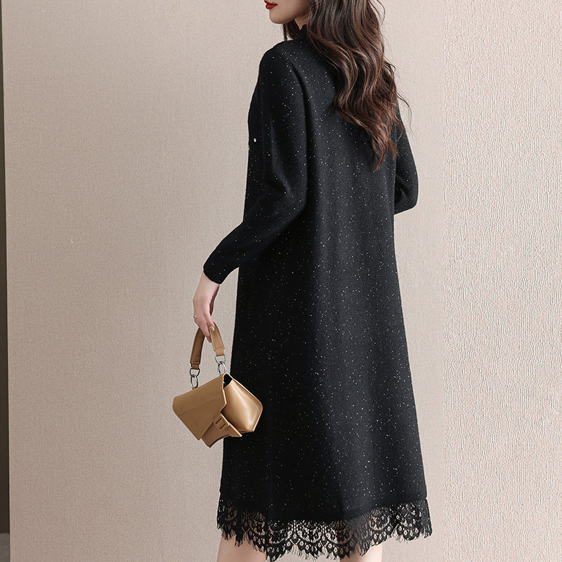 オケージョン ドレス パール付きニット素材裾レース切替ワンピース