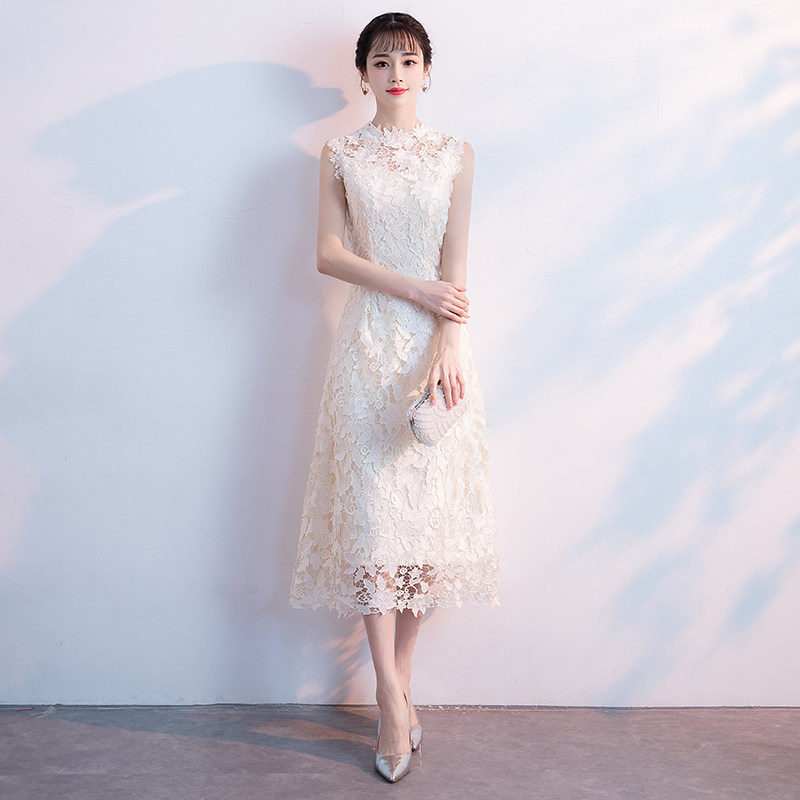 オケージョン ドレス 総レース花柄刺繍ノースリーブミディ丈ワンピース