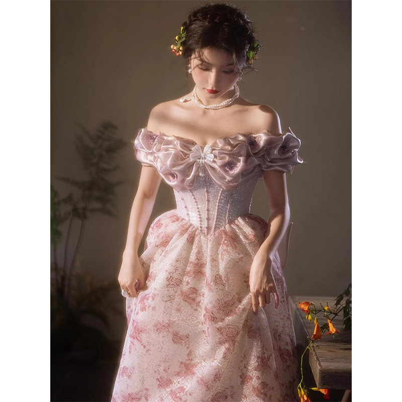 オケージョン ドレス 花柄オフショルフリルロングドレス