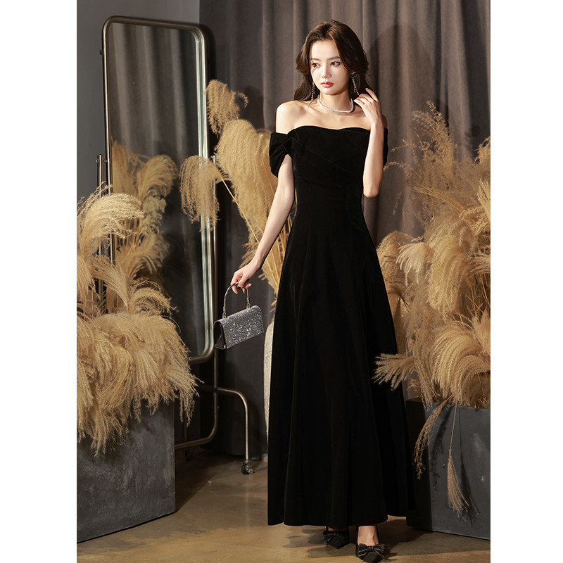 オケージョン ドレス ベルベット生地リボン袖オフショルロング丈ドレス