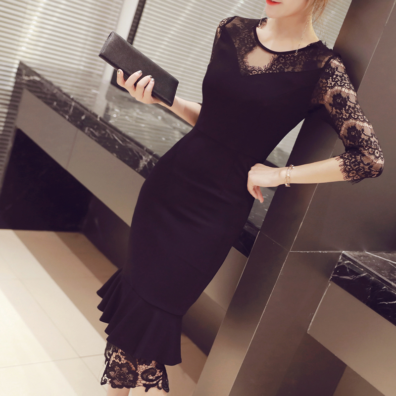 オケージョン ドレス 総レース袖エレガント裾広がりマーメイドドレス