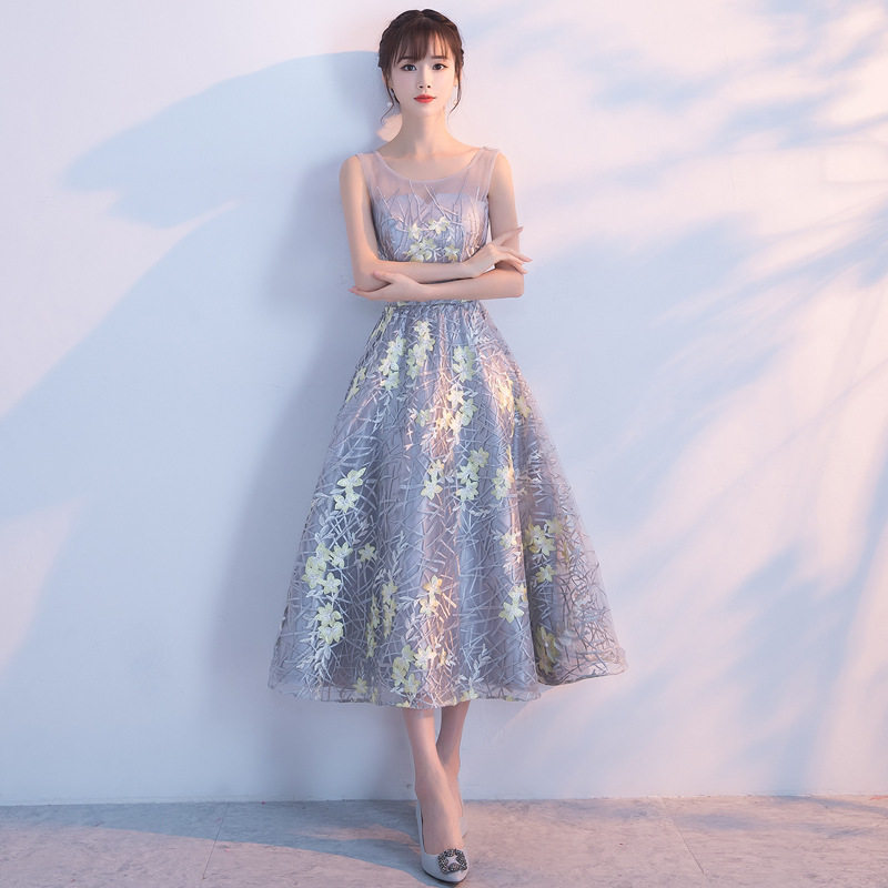 オケージョン ドレス 花柄刺繍チュールノースリーブミディ丈ワンピース