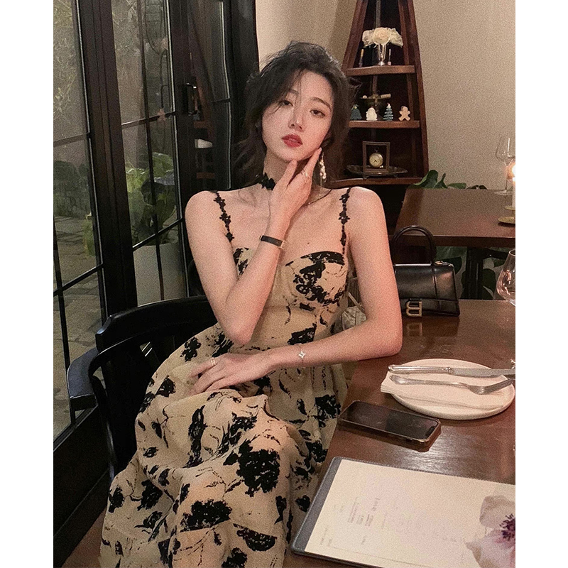 オケージョン ドレス 花柄刺繍チュールキャミソール丈長ワンピース