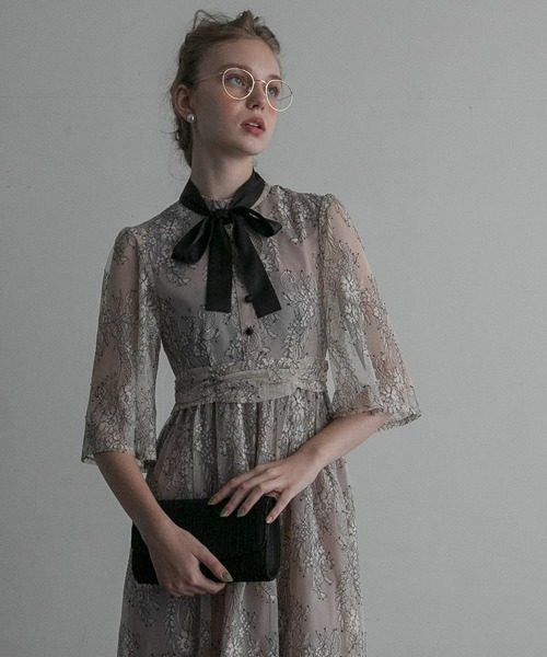 オケージョン ドレス 襟元リボン付き総レース七分袖ワンピース