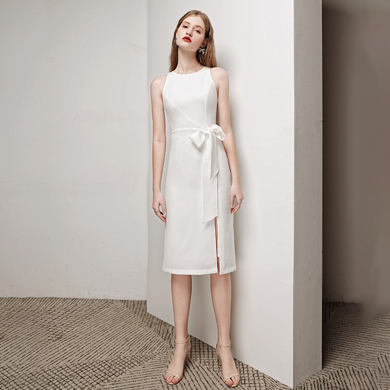 オケージョン ドレス サイドリボンスリット入りノースリーブワンピース