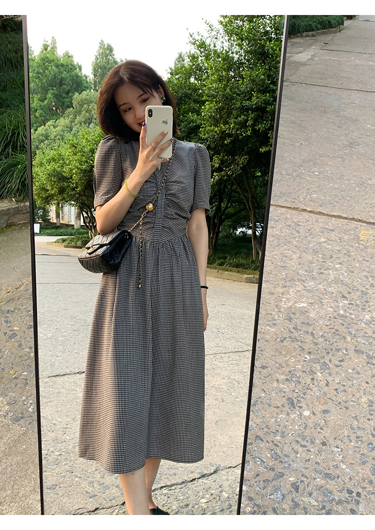 オケージョン ドレス 千鳥格子パフスリーブウエストシャーリングワンピース