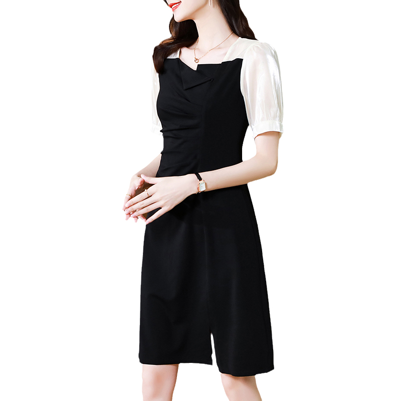 オケージョン ドレス 配色パフスリーブ切替襟付き上品膝丈ワンピース