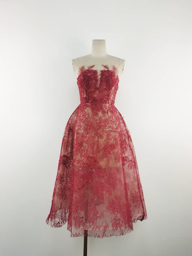 オケージョン ドレス 花柄刺繍チュールベアトップ膝丈ワンピース