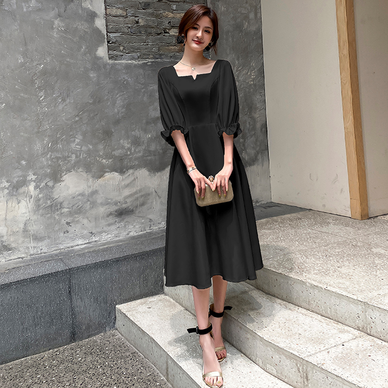 オケージョン ドレス パフスリーブスクエアネック上品ミモレ丈ワンピース