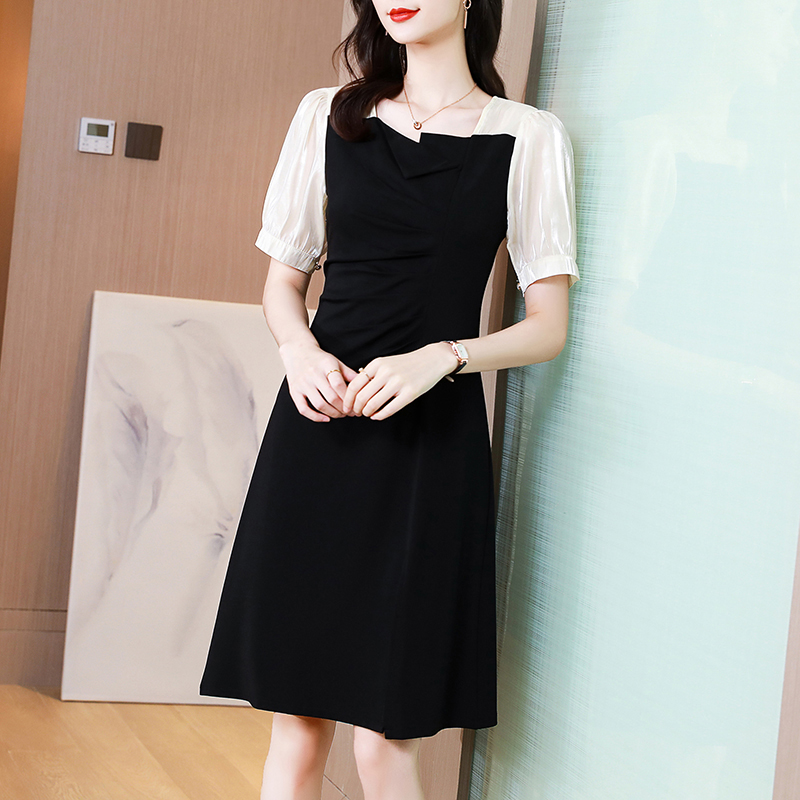 オケージョン ドレス 配色パフスリーブ切替襟付き上品膝丈ワンピース