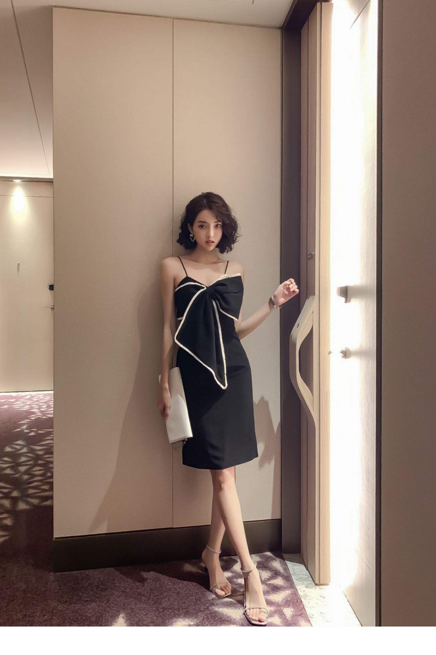 オケージョン ドレス 配色パイピング大判リボンキャミソールタイトドレス