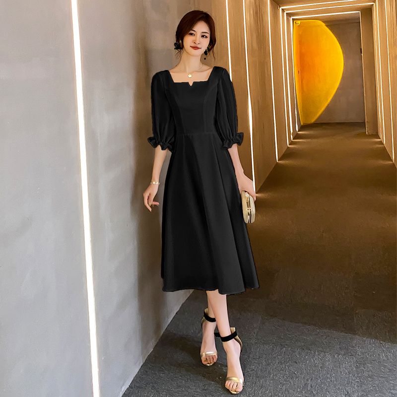 オケージョン ドレス パフスリーブスクエアネック上品ミモレ丈ワンピース