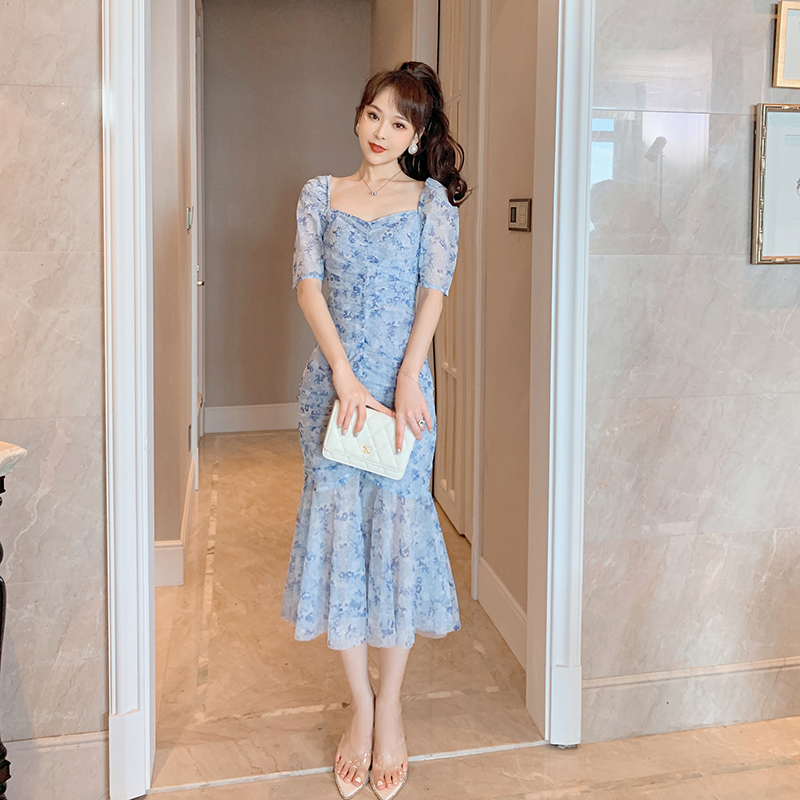 オケージョン ドレス 花柄刺繍シアーチュールパフスリーブマーメイドドレス