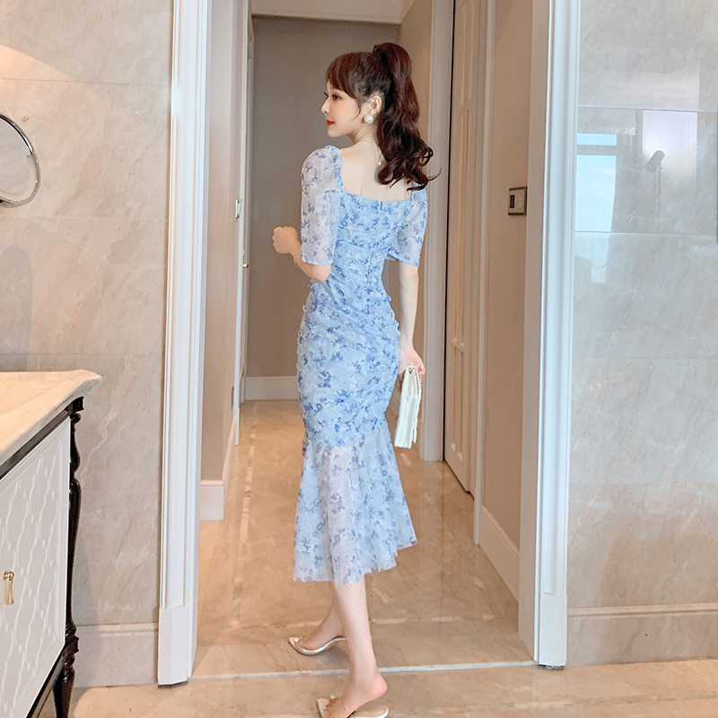 オケージョン ドレス 花柄刺繍シアーチュールパフスリーブマーメイドドレス